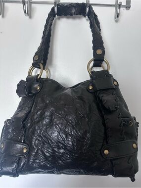 Kooba Black Sienna satchel Braided Leather Shoulder Bag with Brass Rings
